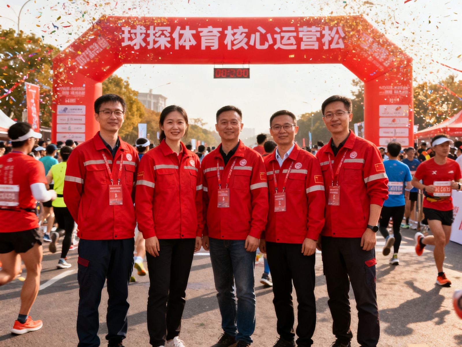 球探体育核心运营团队成员在马拉松赛事终点的合影，背景是完赛拱门和庆祝的人群，团队成员穿着统一的红色工作服