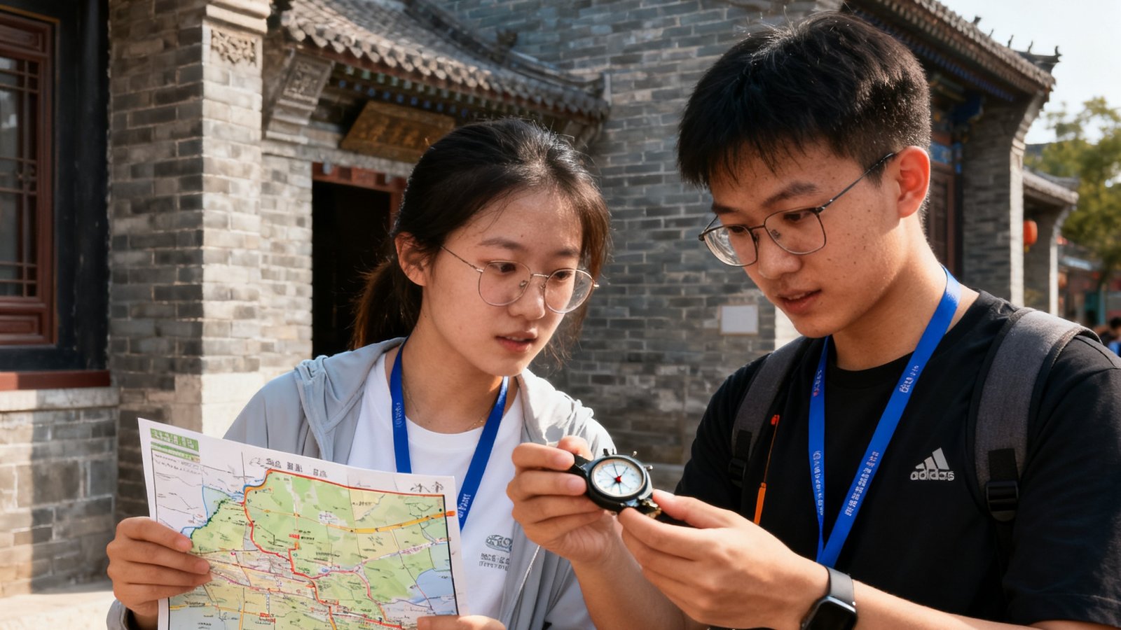 城市定向赛参与者手持地图和指南针，在古城历史街区中寻找隐藏打卡点，身后是青砖灰瓦的传统建筑