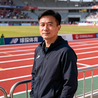 球探体育创始人兼赛事策划总监陈志远，穿着深色运动外套，背景是马拉松赛道