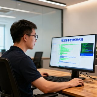 球探体育技术总监苏雅文，戴着眼镜坐在电脑前，屏幕上显示智慧赛事管理系统代码